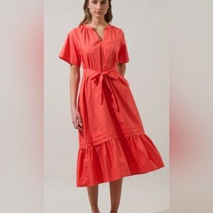 SugarLips Women’s Chic Coral Midi Dress with Belt